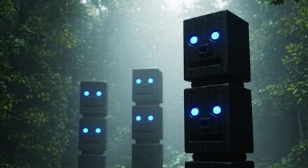 Mysterious glowing robots stand in foggy forest, eerie atmosphere