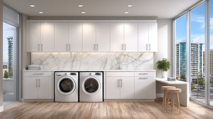 Bright laundry room with modern white cabinets and marble backsplash featuring front load washer and dryer with city view