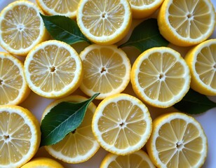 Closeup Lemon Halves with Green Leaves