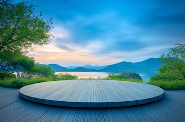 A modern circular wooden platform on the edge of West Lake in Hangzhou, lake