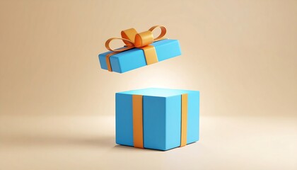 Blue Gift Box Opening, Floating Lid, Beige Background