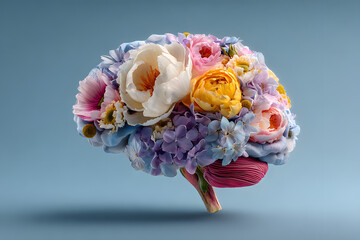 Human brain with spring colorful flowers. Concept of mental health, self care, happiness, harmony, positive thinking, creative mind. World Mental Health day. Generative ai.