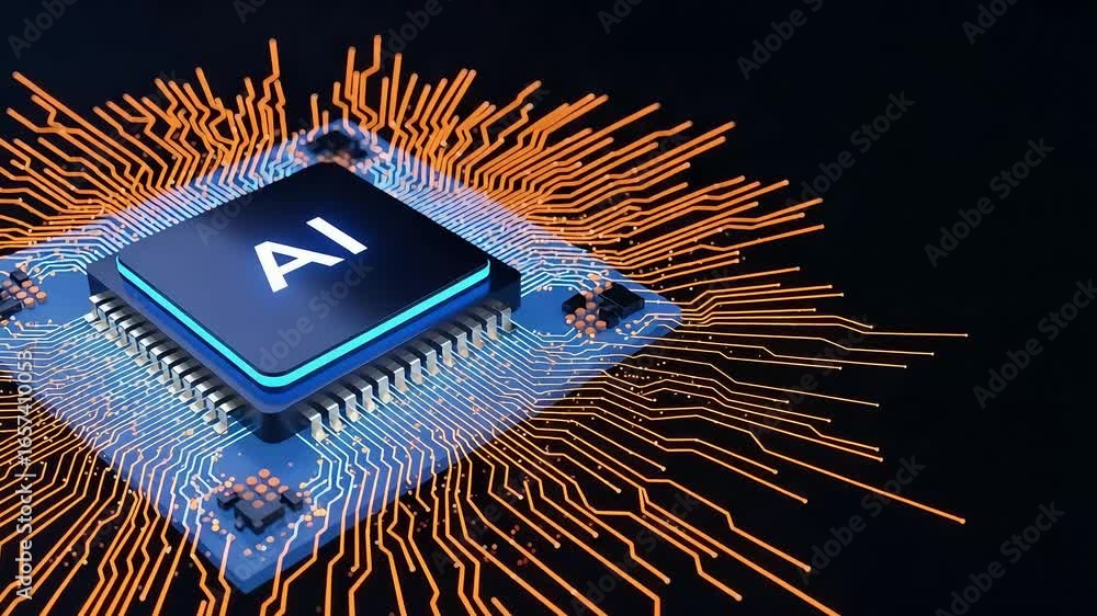 Poster closeup of a futuristic ai processor chip with glowing circuits, representing artificial intelligenc