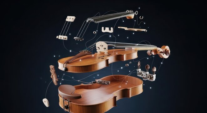 Exploded Violin Diagram: Deconstructed Musical Instrument with Floating Components on Dark Background