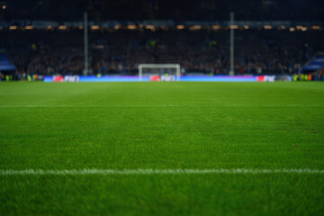 Closeup of a lush green football field with a white line and goal in the background