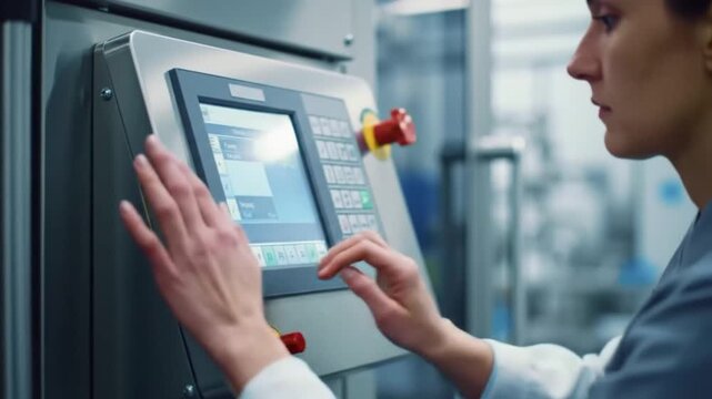 Focused operator interacts with a human-machine interface on an advanced production line, inputting data and monitoring automated industrial systems.