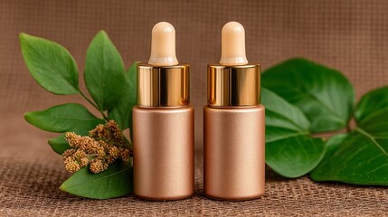 Two golden dropper bottles with beige caps sit beside green leaves and seed pods