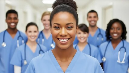 A diverse group of smiling healthcare professionals, including doctors and nurses, wearing blue scrubs and stethoscopes in a hospital hallway