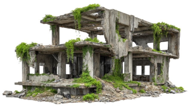 Decaying concrete building overgrown with vegetation