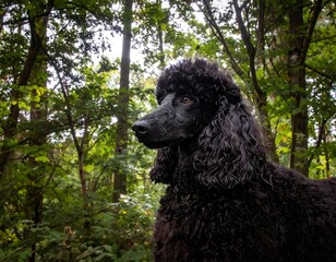 A black standard poodle stands alertly amidst a lush green forest, its dark coat contrasting sharply with the foliage