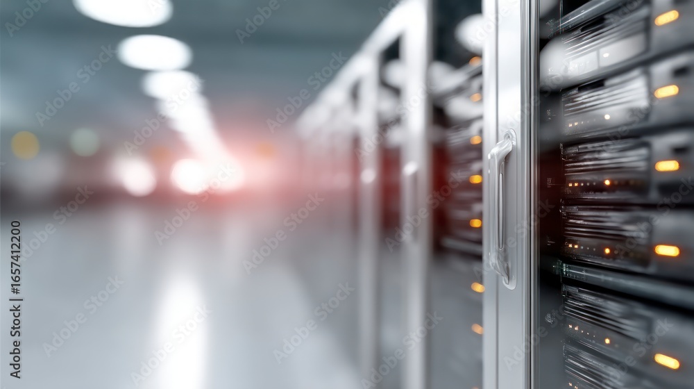 Poster server room with rows of illuminated computer hardware racks and a blurred hallway