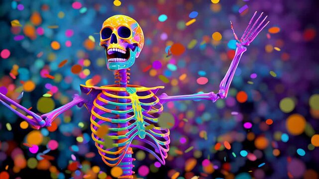 Colorful skeleton dancing with confetti celebration, vibrant neon party atmosphere and joyful festive energy bright hues