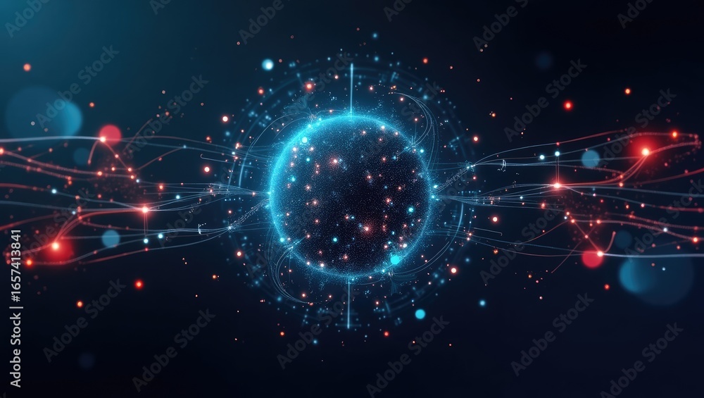 Poster digital sphere with glowing lines and particles.