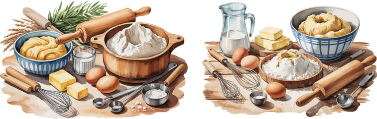Two separate but related illustrations showcasing essential baking ingredients and tools, set against a rustic background.