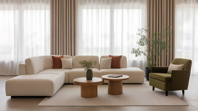 Modern living room with a sectional sofa accent chair and stylish coffee tables bathed in natural light