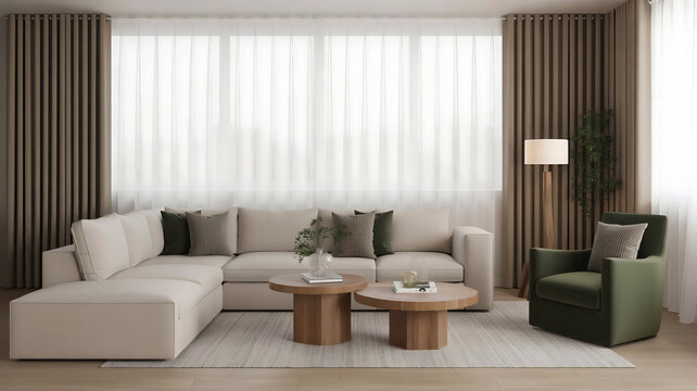Modern living room with comfortable sectional sofa accent chair and stylish coffee tables bathed in natural light