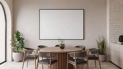 Modern dining room with round table chairs and blank framed artwork on a textured wall