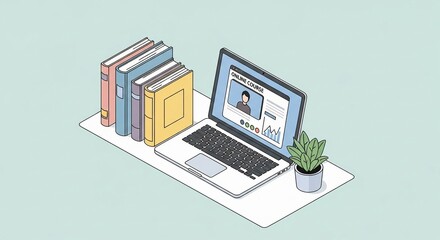 Online learning illustration featuring a laptop displaying an online course video, surrounded by books and a plant, conveying the concept of e-learning and digital education on a white platform.