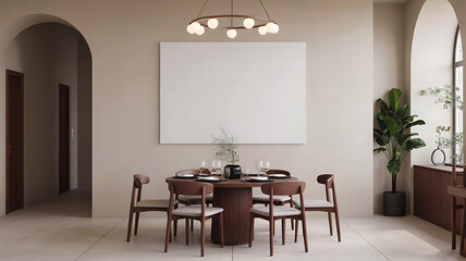 Elegant dining room with a round table set for a meal and a blank canvas on the wall