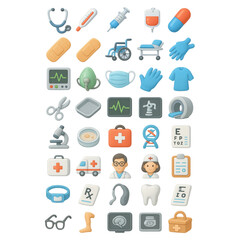 Collection of Medical and Healthcare Icons with a Flat Design Style stethoscope thermometer isolated on a transparent background