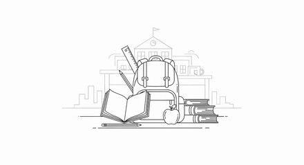 Minimalist line art illustration of a school backpack, open book, pencils, ruler, and apple in front of a school building.