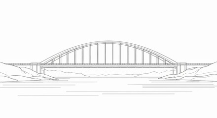 Obraz premium Detailed line art illustration of a majestic arch bridge spanning across a calm river with rolling hills on both sides, symbolizing connection and infrastructure.