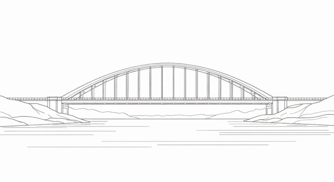 Detailed line art illustration of a majestic arch bridge spanning across a calm river with rolling hills on both sides, symbolizing connection and infrastructure.