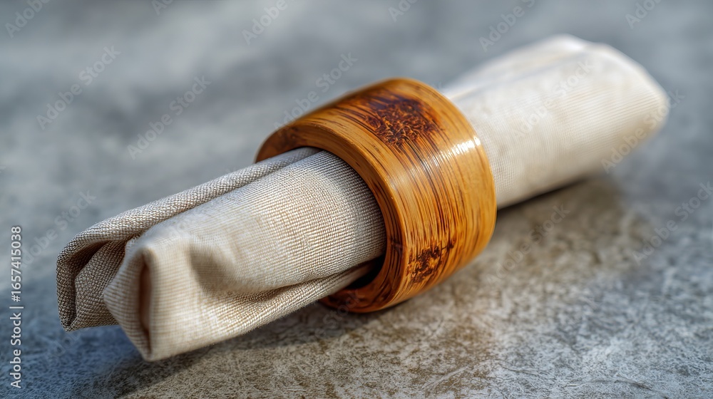 Poster elegant table setting with rustic wood napkin ring adding natural charm to your dining experience
