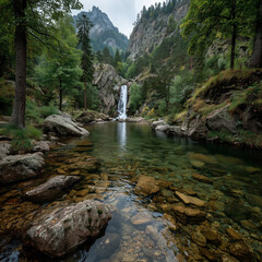 Stunning scenery of Hrabovo waterfall flowing through rocky mountains in a green forest. Location place in Malino Brdo, Ruzomberok, Slovakia, Europe