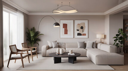 Fototapeta premium Modern living room with comfortable sofa stylish armchair abstract art and elegant coffee table
