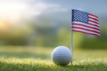 Obraz premium Golf ball, American flag, on a green