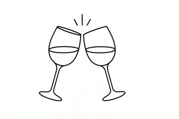 Two wine glasses clinking together line drawing minimal style celebration toast concept simple black outline illustration party drinks cheer symbol elegant graphic design isolated on white background 