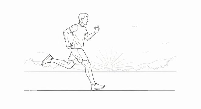 Line art illustration of a man running outdoors at sunrise, showcasing fitness and healthy lifestyle. Great for advertising sports apparel and health programs.