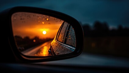 Sunset reflected in a car side mirror