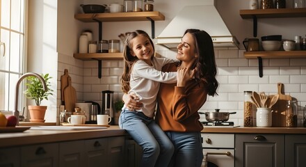 A heartwarming embrace between a loving mother and her cheerful daughter in their sunlit kitchen, creating beautiful family memories and joyful moments together at home