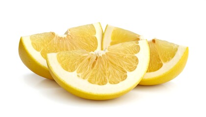 Three juicy yellow citrus segments, sliced and arranged on a white background