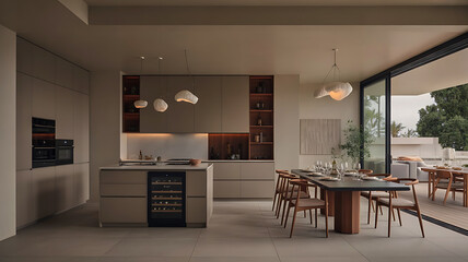Modern open plan kitchen and dining area with large sliding glass doors leading to an outdoor patio