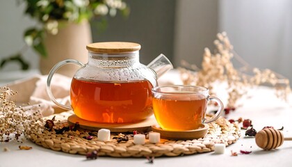 Fototapeta premium Invigorating herbal tea composition in a glass teapot and cup on the table