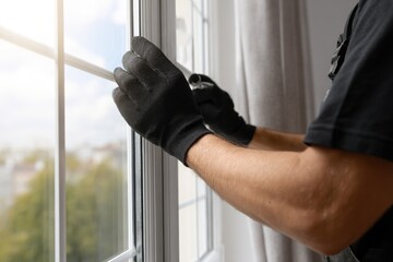 Man in black gloves adjusts window frame