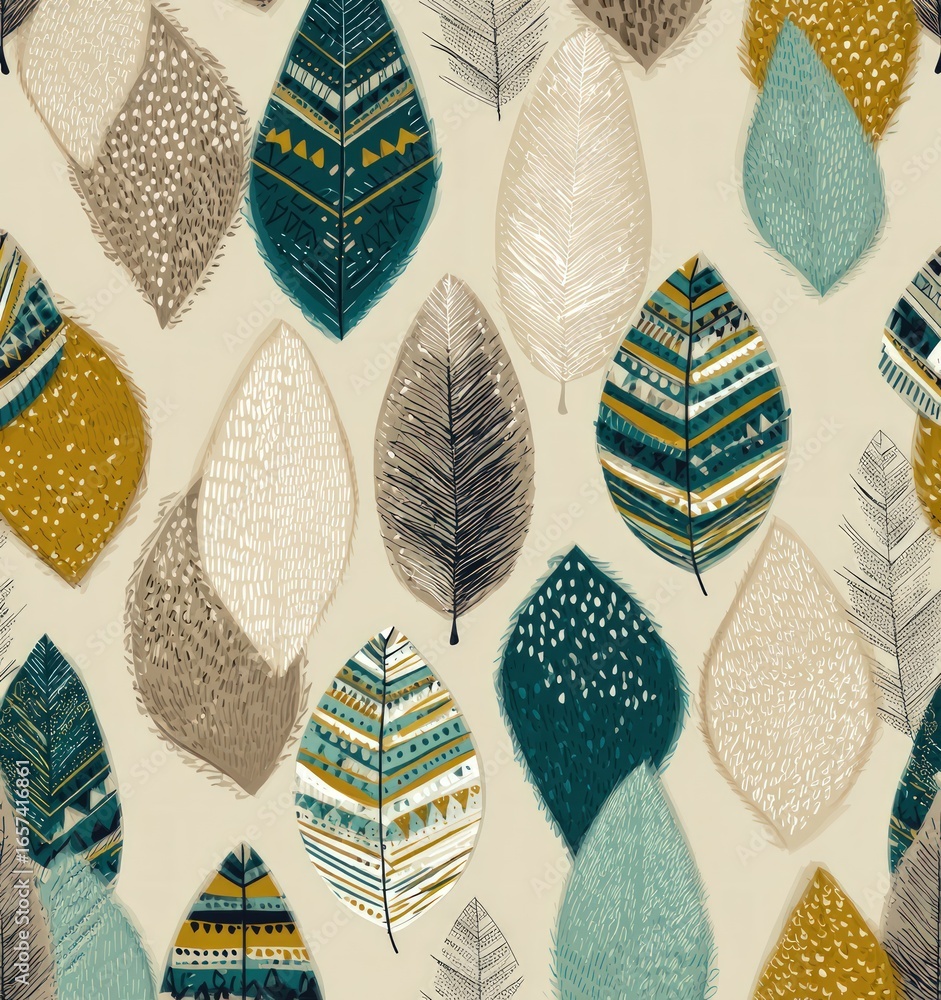 Poster stylized autumn leaves in various colors and patterns on a beige background