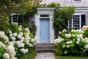 Charming white cottage with blue door surrounded by lush green foliage and blooming hydrangeas in a tranquil garden setting