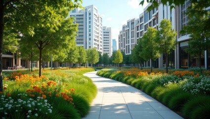 Urban walkway lined with flowers and trees between modern buildings.