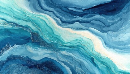 Obraz premium Abstract fluid art, flowing teal and navy blues with gold flecks