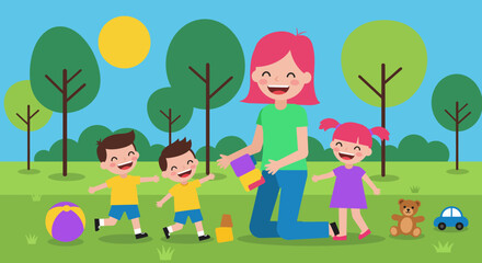 Happy Children Playing with a Caregiver in Park.