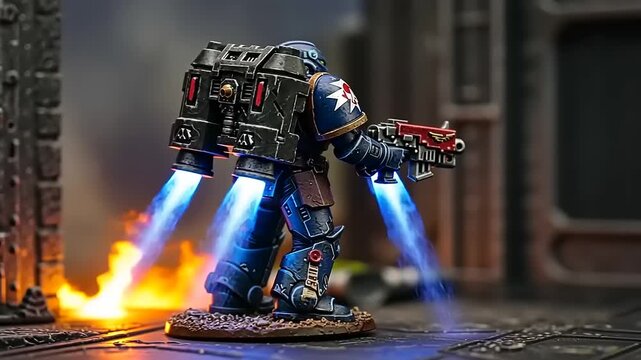 Futuristic soldier with jetpack in urban battle scene