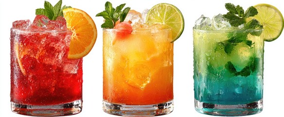 Colorful cocktails in glasses with ice and fruit garnishes