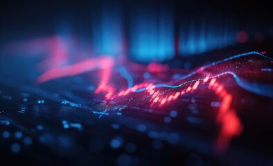 Abstract data visualization, glowing lines and points in vibrant colors on a dark background