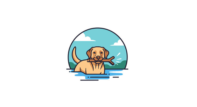 happy labrador retriever dog logo fetching stick in water perfect for pet businesses veterinarians or outdoor recreation brands