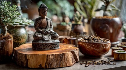 Bronze Buddha statue displayed on wooden slice among plants
