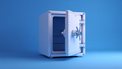 An open white metal safe with a blue background and a light blue hue